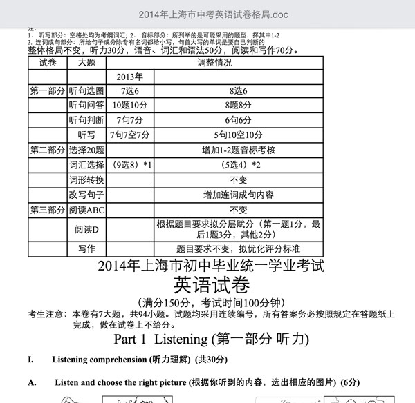 上海2014年中考英語試題改革樣卷1